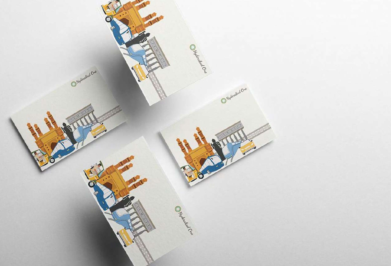 Hyderabad ONE mobility card design, illustrated with Charminar, an auto-rickshaw, bus, metro, and cab
