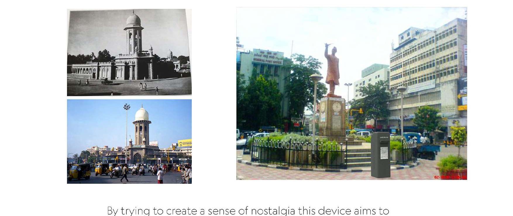 Hyderabad OUR installation placed in context at a real Hyderabad street corner, alongside historical photos of the same location